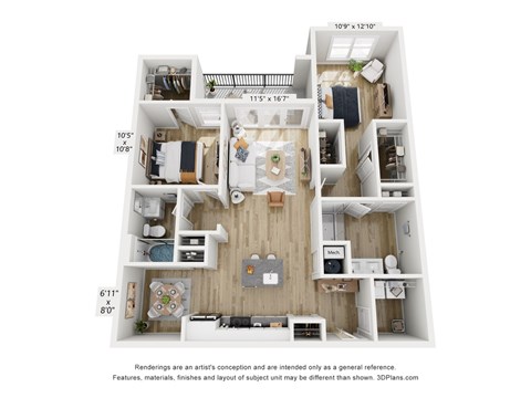 Floor plan for 2 beds, 2 baths, 1261 sqft